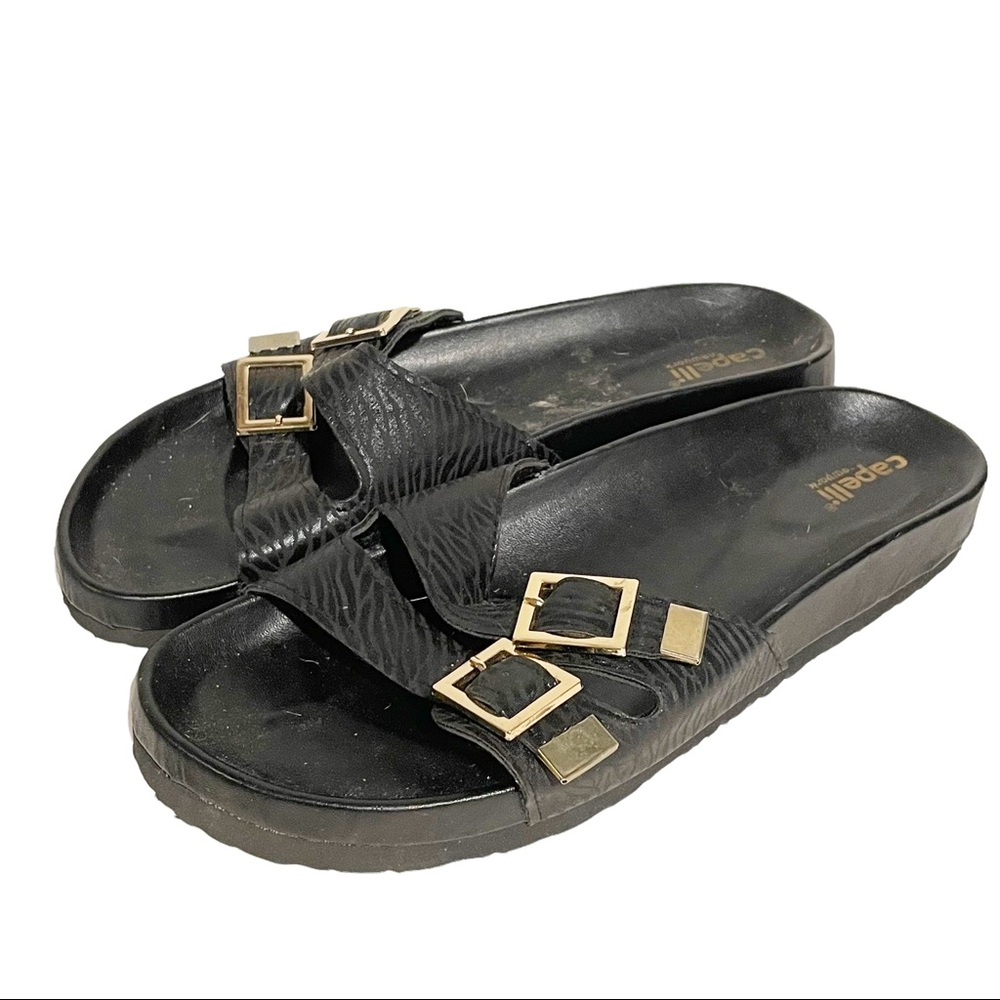 Capelli Size 7 Black Gold Double Buckle Slide Sandal